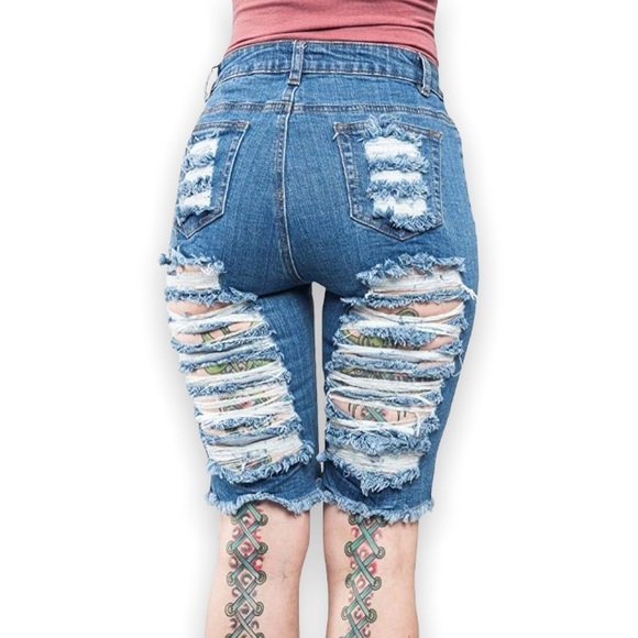 American Bazi Women's Blue Destroyed Denim Distressed Capri Knee Long Shorts - Picture 4 of 11